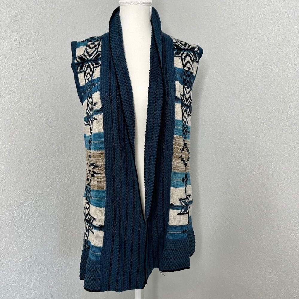 BCBGMAXAZRIA Sleeveless Sweater‎ Vest L Open Front Aztec Teal Tan Cream size L